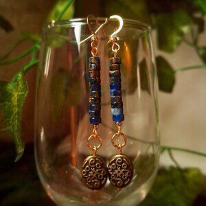 Blue Imperial Jasper Stone Celtic Earrings, 24k Gold Plated Stainless Steel
